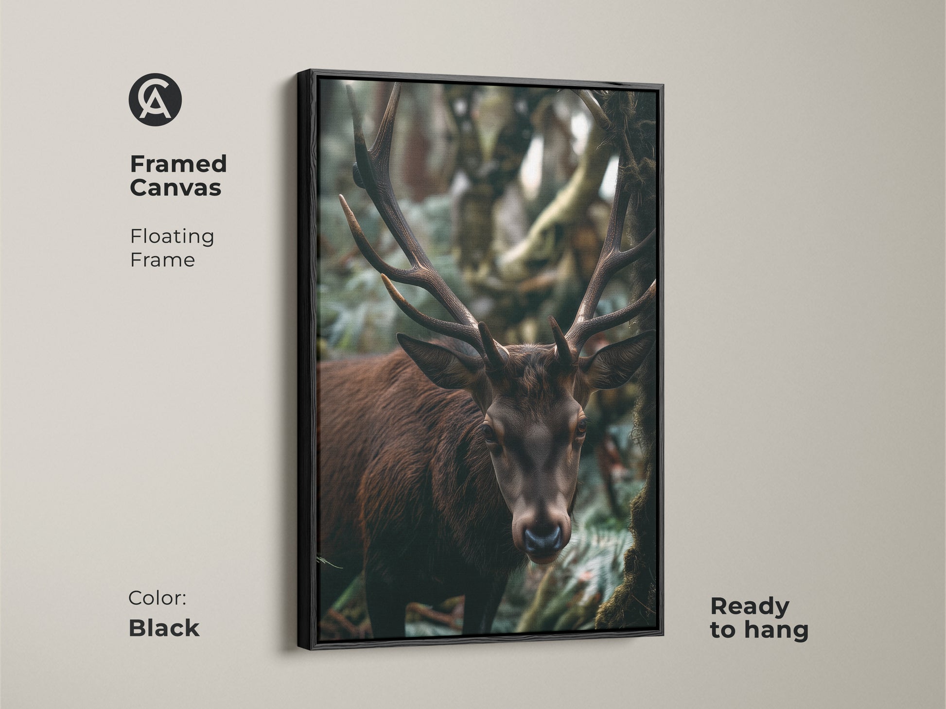 A framed canvas presents a deer in a rustic forest. This wildlife art is ready to hang. The floating frame enhances its gallery appeal. Its black frame complements the dark brown and green tones. This nature-inspired animal portrait is perfect for lodge-style decor.