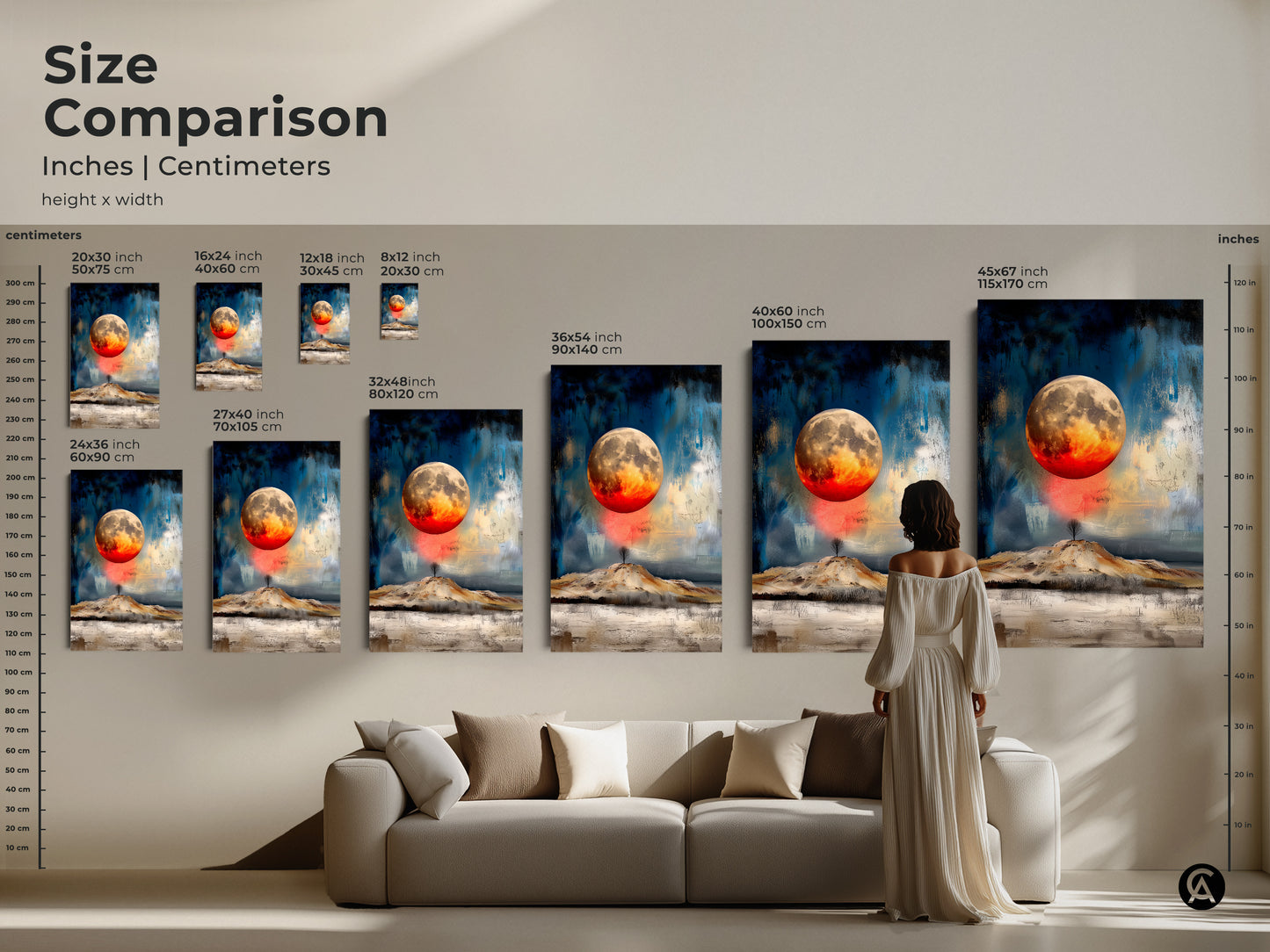 Compare sizes of textured abstract moon art prints. Find the ideal scale for your space from 20x30cm to 45x67 inch canvas and poster prints. The celestial landscape art adds a modern touch to any room. Perfect gift for eclectic art lovers.