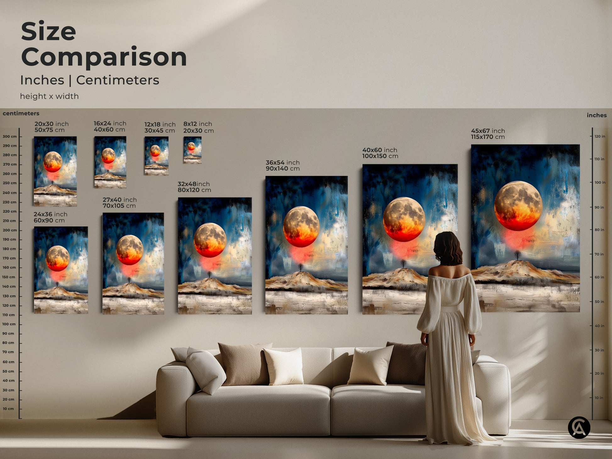 Compare sizes of textured abstract moon art prints. Find the ideal scale for your space from 20x30cm to 45x67 inch canvas and poster prints. The celestial landscape art adds a modern touch to any room. Perfect gift for eclectic art lovers.