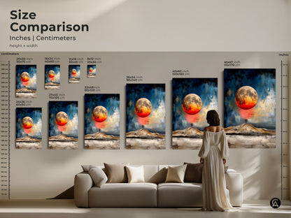 Compare sizes of textured abstract moon art prints. Find the ideal scale for your space from 20x30cm to 45x67 inch canvas and poster prints. The celestial landscape art adds a modern touch to any room. Perfect gift for eclectic art lovers.