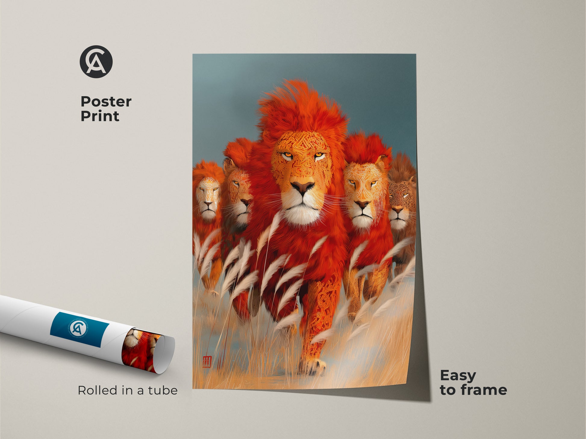 Lion family poster print rolled in a tube for easy framing. The African wildlife art showcases vibrant orange and teal hues. This safari wall decor is perfect for creating a jungle theme. An artistic animal print adds character to any room. A unique wall hanging for eclectic home decor.