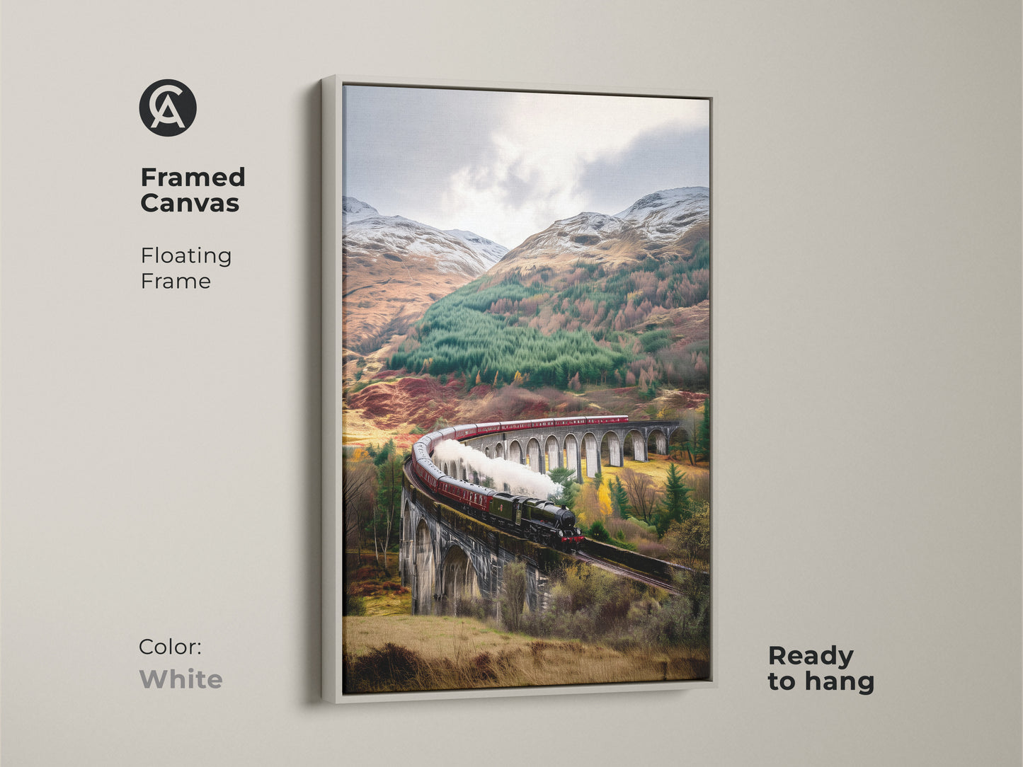 A framed canvas with a white floating frame displays scenic railway wall art. The vintage train print features a steam train crossing a viaduct. This viaduct landscape art features earthy browns and forest greens. Ready to hang traditional train artwork for train enthusiasts.