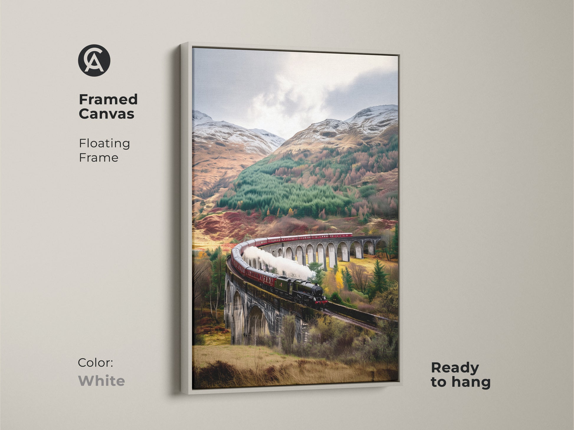 A framed canvas with a white floating frame displays scenic railway wall art. The vintage train print features a steam train crossing a viaduct. This viaduct landscape art features earthy browns and forest greens. Ready to hang traditional train artwork for train enthusiasts.