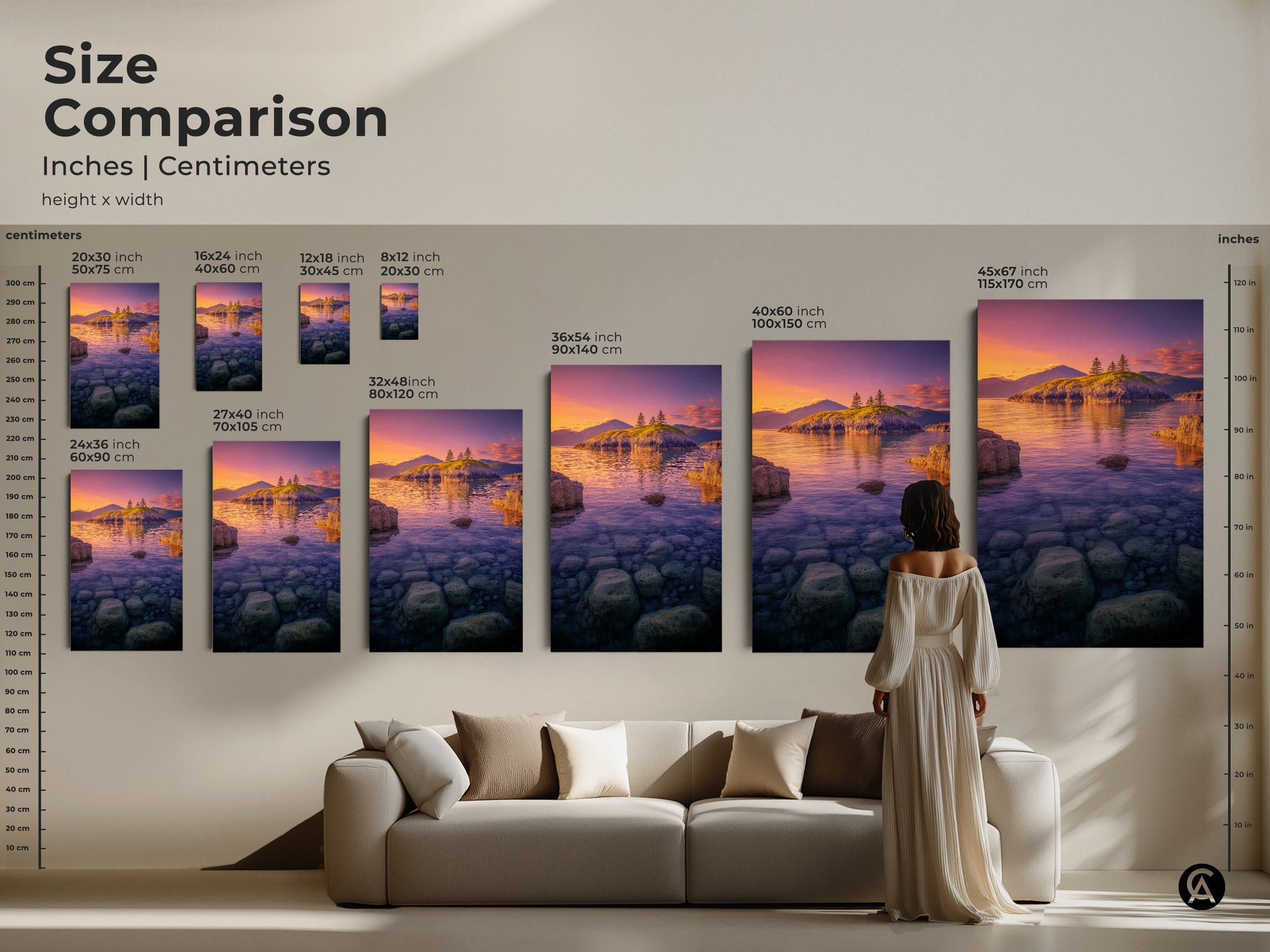 Size Comparison of Island Seascape canvas prints in inches and centimeters. This Coastal Sunset Wall Art provides a scale reference with a person and sofa. See how the ocean landscape photography looks in different sizes for residential seascape decor.