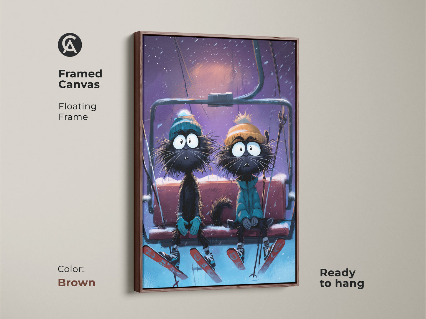 A framed canvas showcases a funny cat ski lift illustration. Ready to hang this winter cat couple art print is a unique cat themed gift. The brown floating frame enhances the eclectic home decor art. This cartoon animal wall hanging adds character to your home.