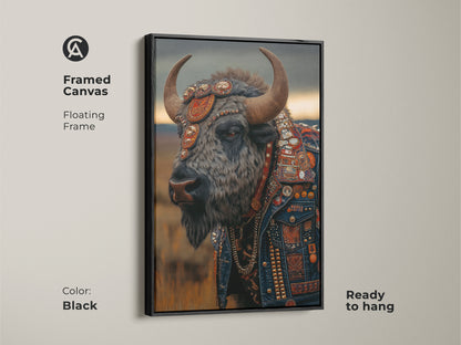 The framed canvas showcases a bison with leather jacket. It uses a floating frame in black. This punk rock wall art is ready to hang. It adds an eclectic touch to any room. The dark blue gray wildlife art is perfect as man cave animal decor.