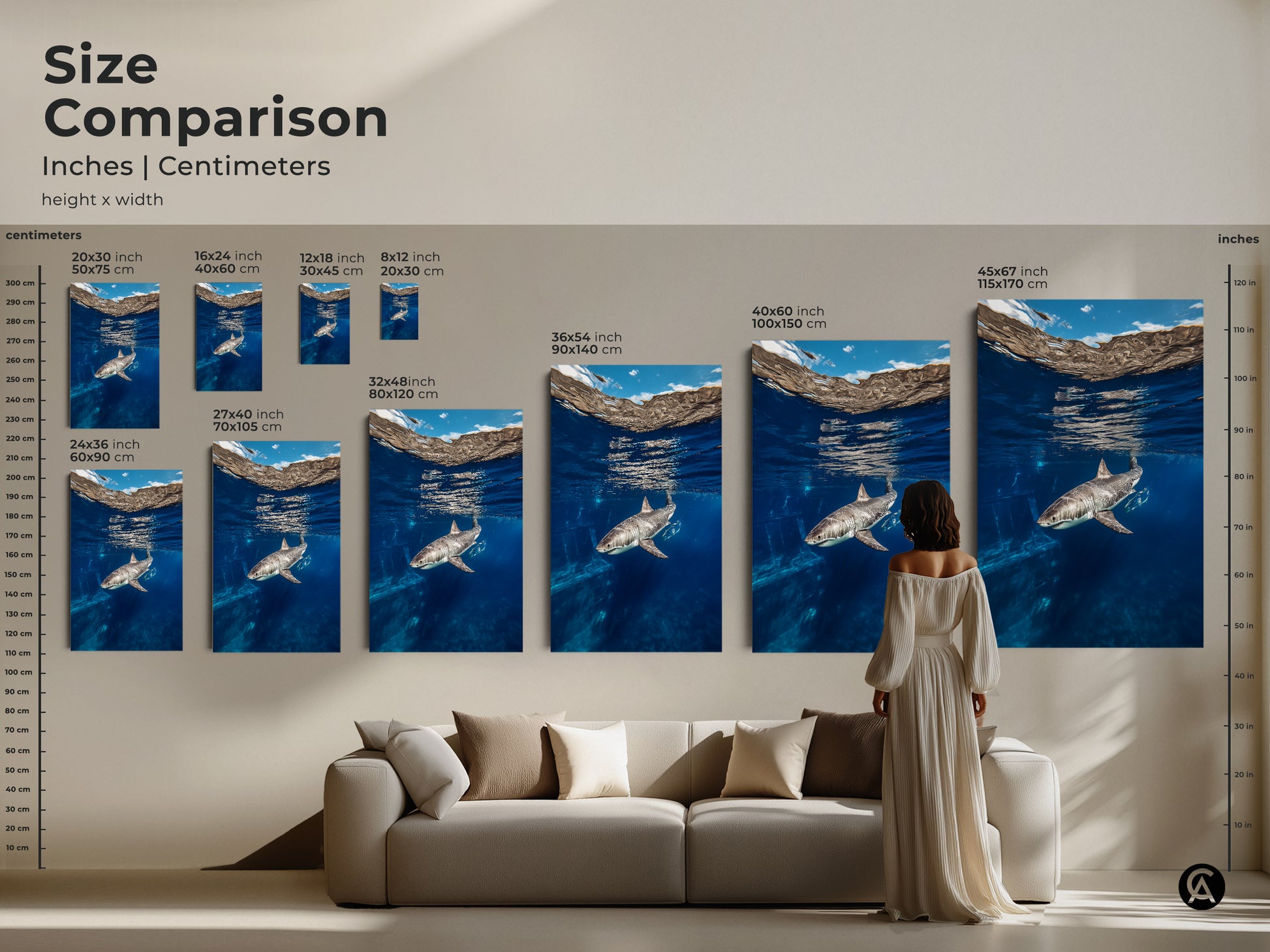 Compare sizes of this underwater Great White Shark art in inches and centimeters. See how each canvas or poster fits above furniture to enhance your space. Choose the perfect size to bring this deep blue marine life artwork into your home.
