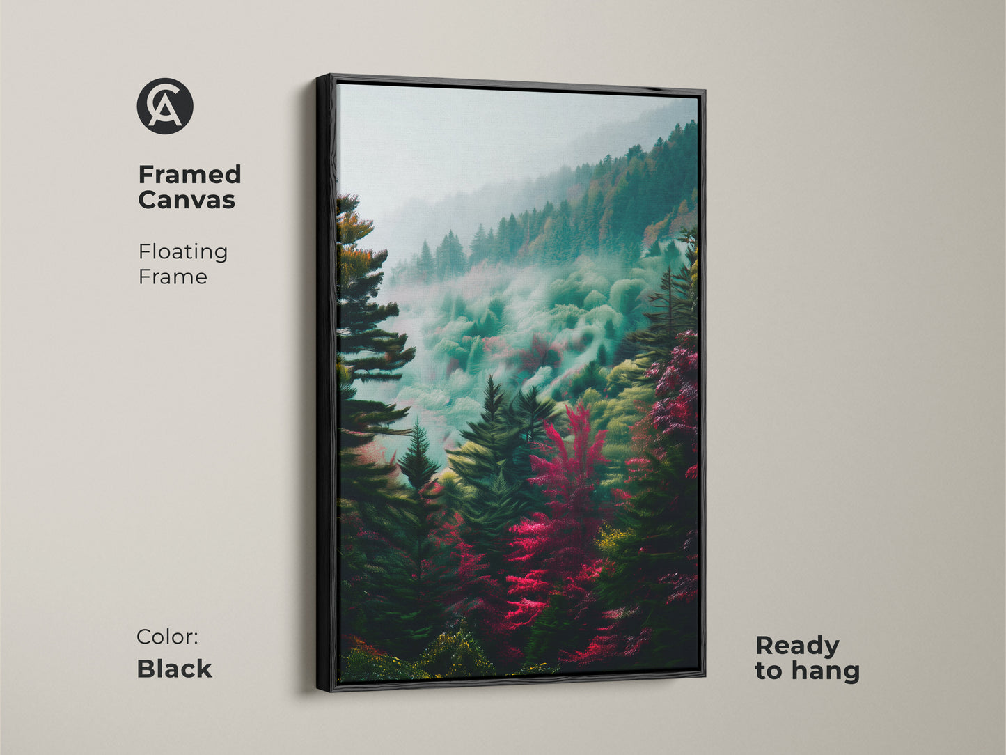 Framed canvas art with a floating frame in black. The misty forest scene is ready to hang. This piece combines natural beauty with modern style for a sophisticated look.