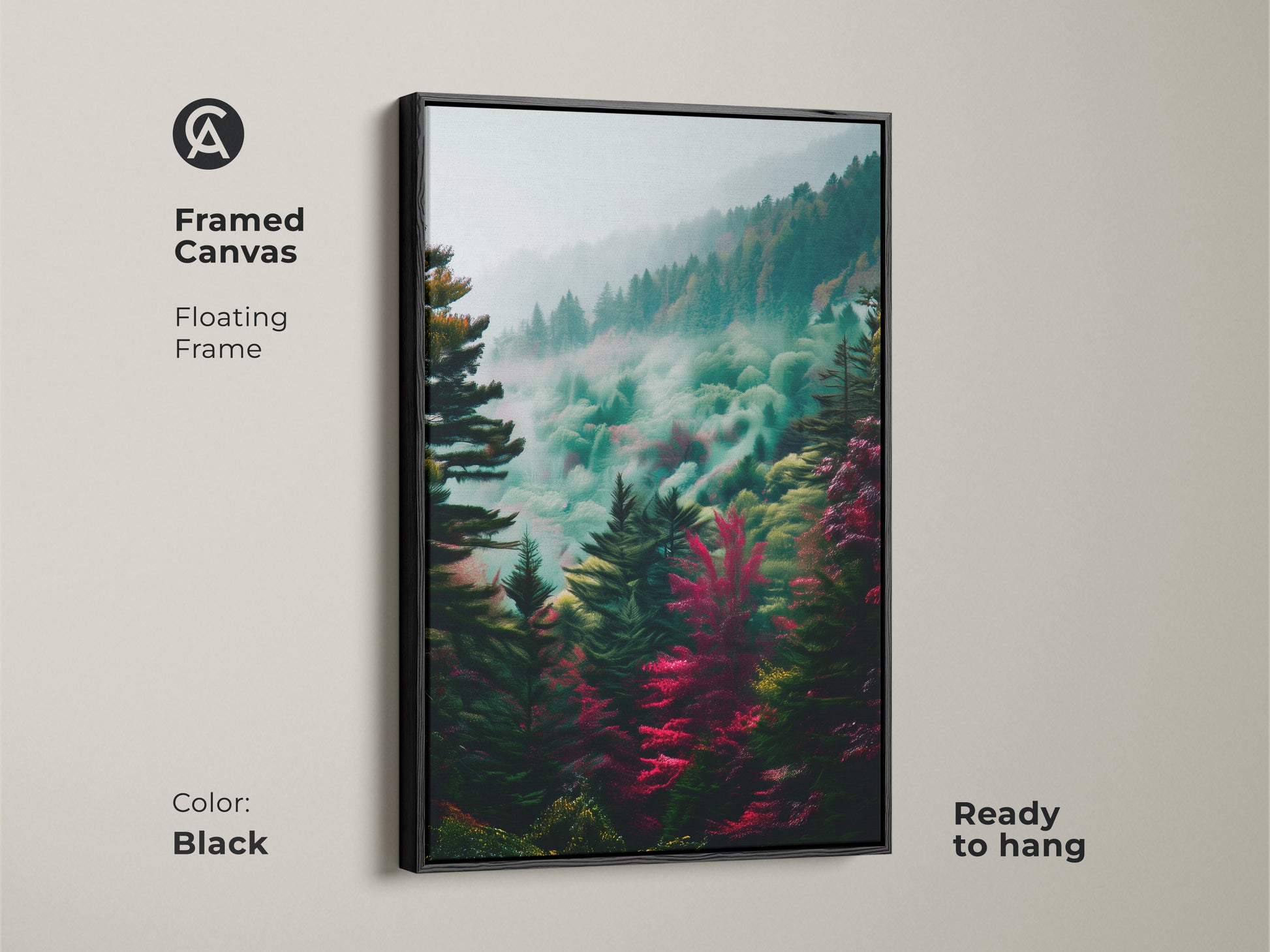 Framed canvas art with a floating frame in black. The misty forest scene is ready to hang. This piece combines natural beauty with modern style for a sophisticated look.