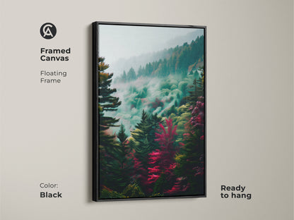 Framed canvas art with a floating frame in black. The misty forest scene is ready to hang. This piece combines natural beauty with modern style for a sophisticated look.