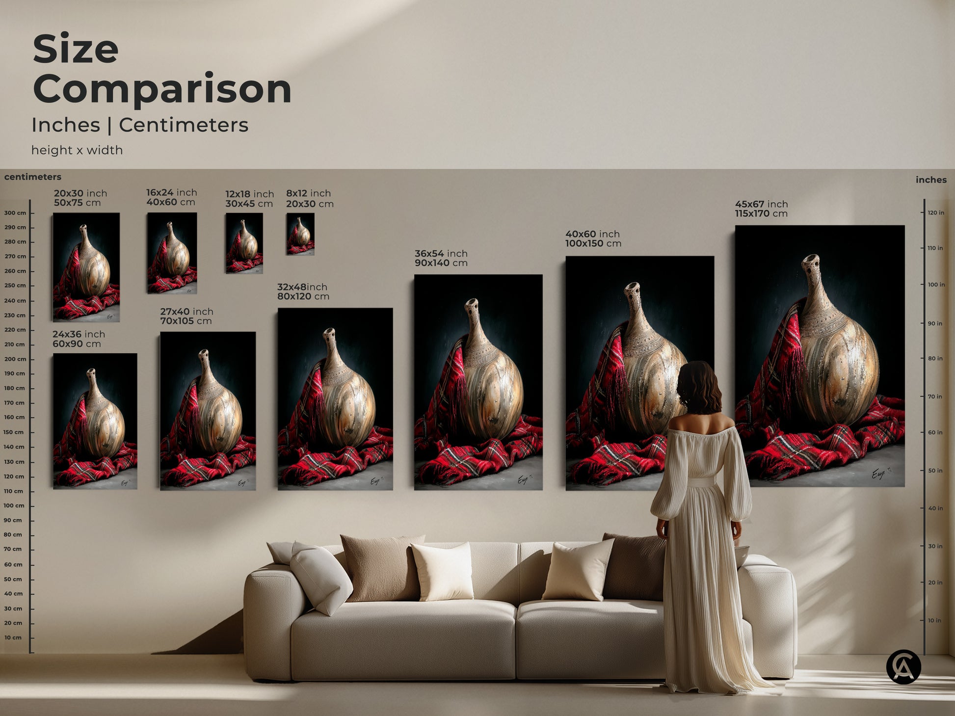 Size comparison featuring realistic still life art with pottery vase and red plaid fabric in various dimensions. See how different sizes enhance spaces great as a housewarming gift for home and art for collectors.