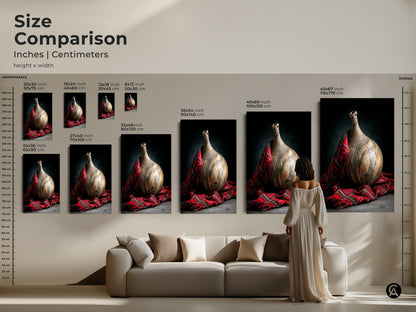 Size comparison featuring realistic still life art with pottery vase and red plaid fabric in various dimensions. See how different sizes enhance spaces great as a housewarming gift for home and art for collectors.