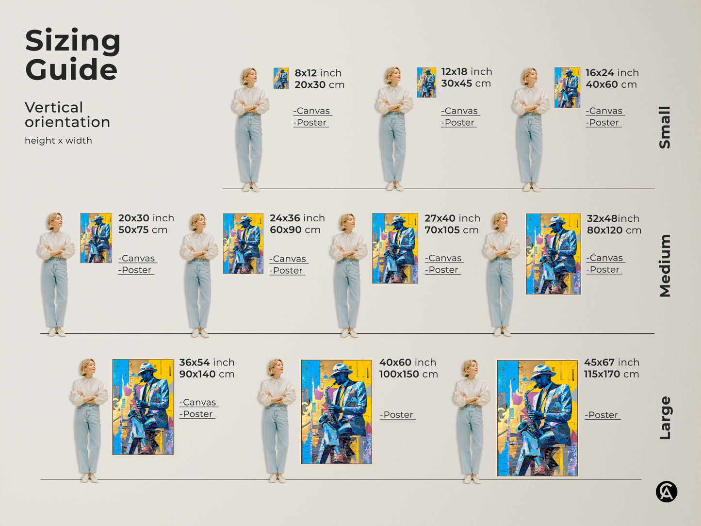 Sizing guide for saxophone player art. Vertical orientation available in small medium and large sizes. Options include canvas and poster prints. Find the perfect fit for your space. Transform your home with music-inspired artwork.