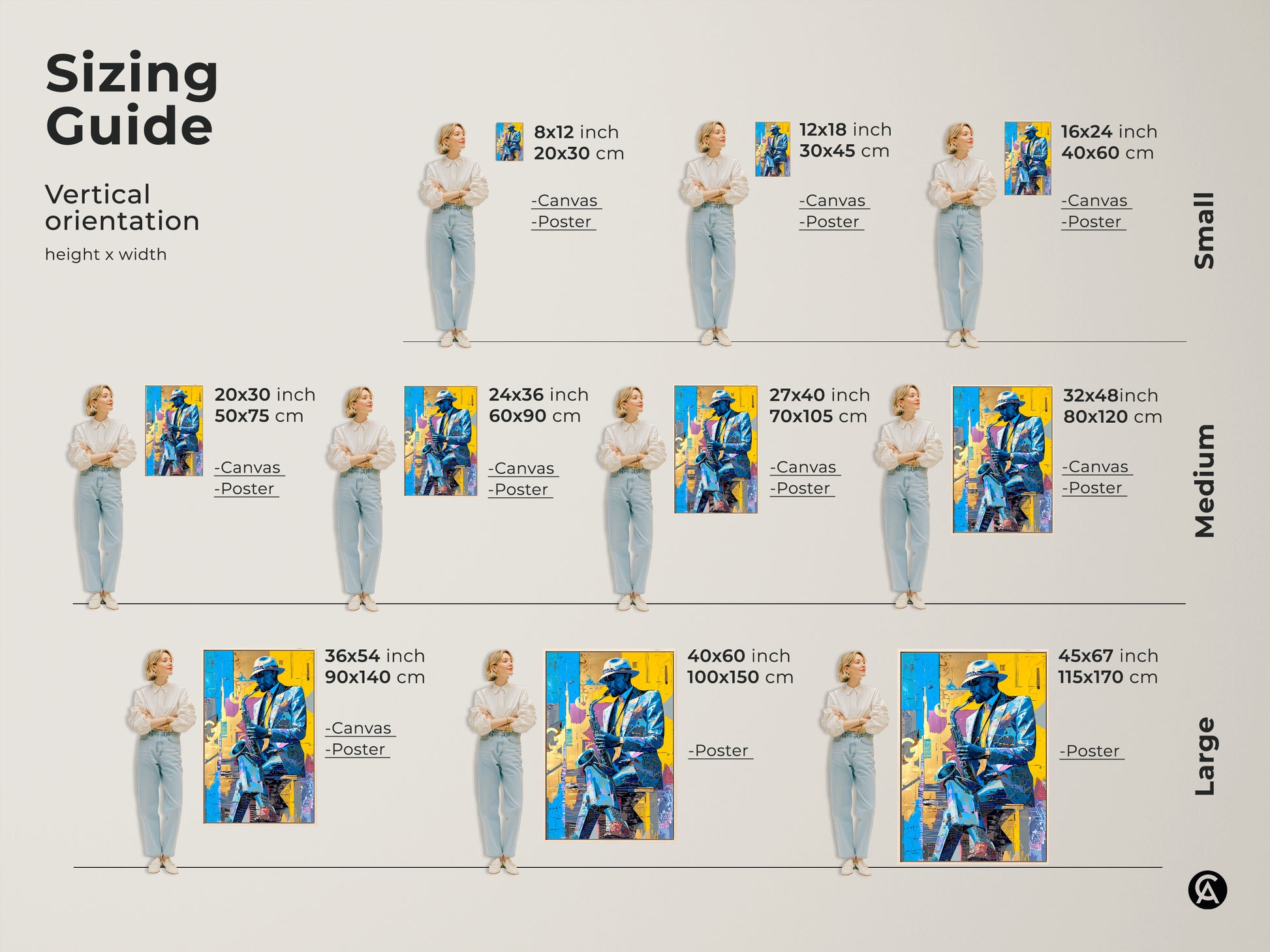 Sizing guide for saxophone player art. Vertical orientation available in small medium and large sizes. Options include canvas and poster prints. Find the perfect fit for your space. Transform your home with music-inspired artwork.