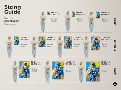 Sizing guide for saxophone player art. Vertical orientation available in small medium and large sizes. Options include canvas and poster prints. Find the perfect fit for your space. Transform your home with music-inspired artwork.