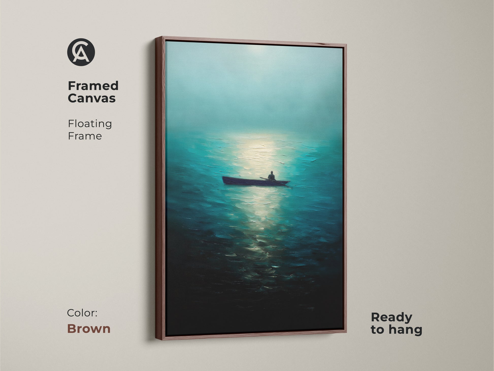 Framed canvas showcasing a man in a rowboat on a deep blue ocean. Brown floating frame complements this minimalist nature artwork. Ready to hang for effortless setup. Perfect for adding ocean serenity and coastal charm to your home.