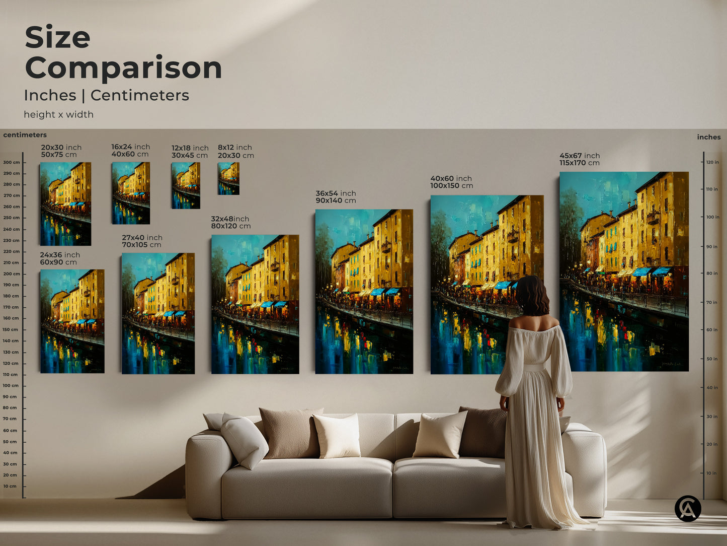 Size Comparison of Italian Canal Art Prints. Visualize how different sizes of this artwork will look in your living space. Options include canvas and poster prints. This yellow ochre and deep blue painting adds charm to your home.