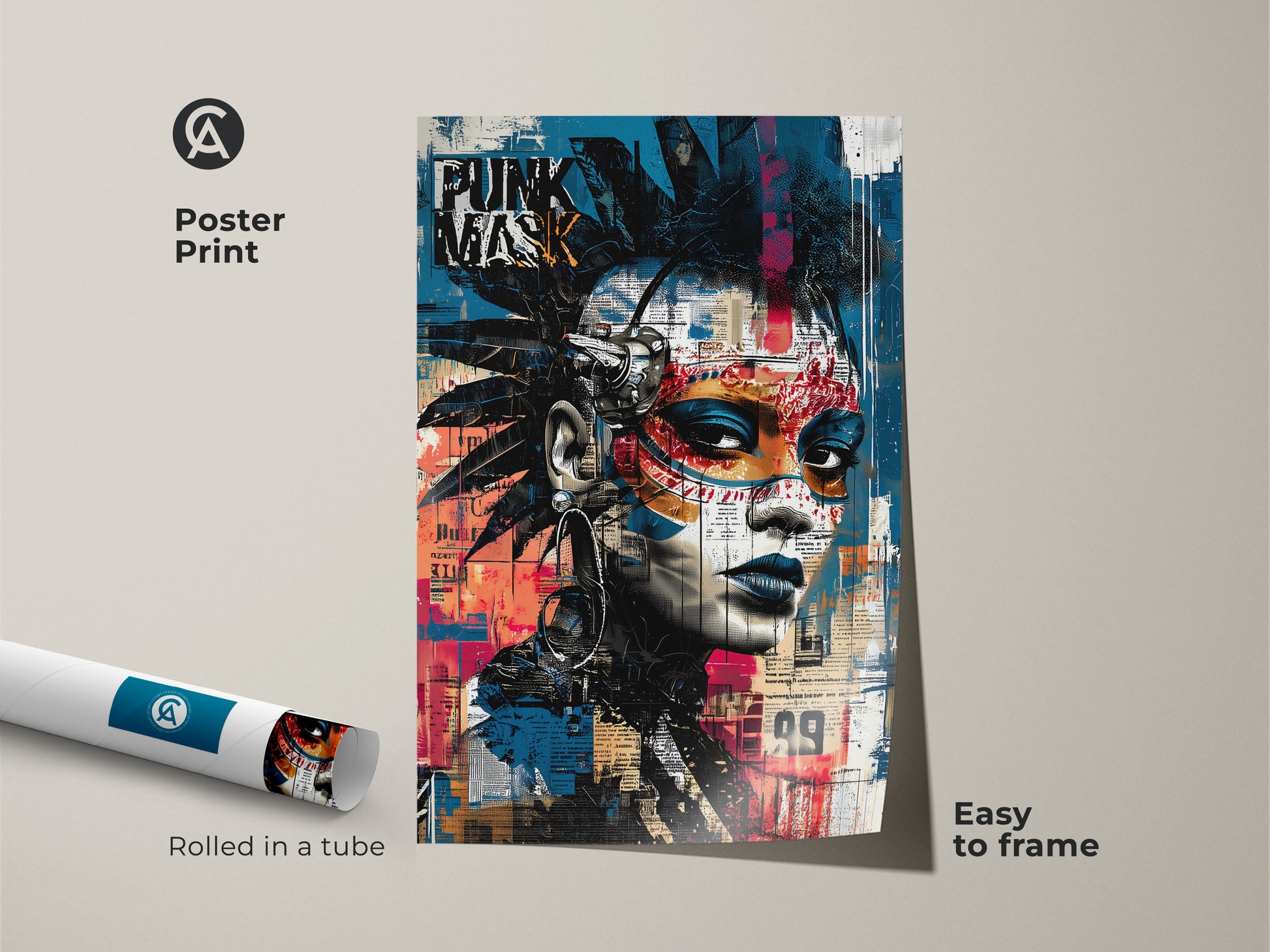 Poster print of a punk mask graffiti portrait rolled in a tube. This urban street art canvas features an abstract face artwork in blue black and red. It is an eclectic decor piece and a great gift idea for music lovers. The alternative art print is easy to frame and adds a bold vibe to any room.