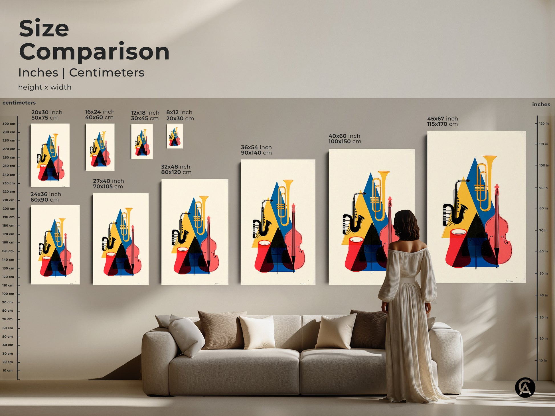 Size comparison of retro jazz music prints in inches and centimeters. The artwork features a mid-century modern saxophone tuba and double bass. Sizes range from small to extra-large. This abstract geometric art is perfect for adding color. Great for music lovers seeking a unique wall decor gift.