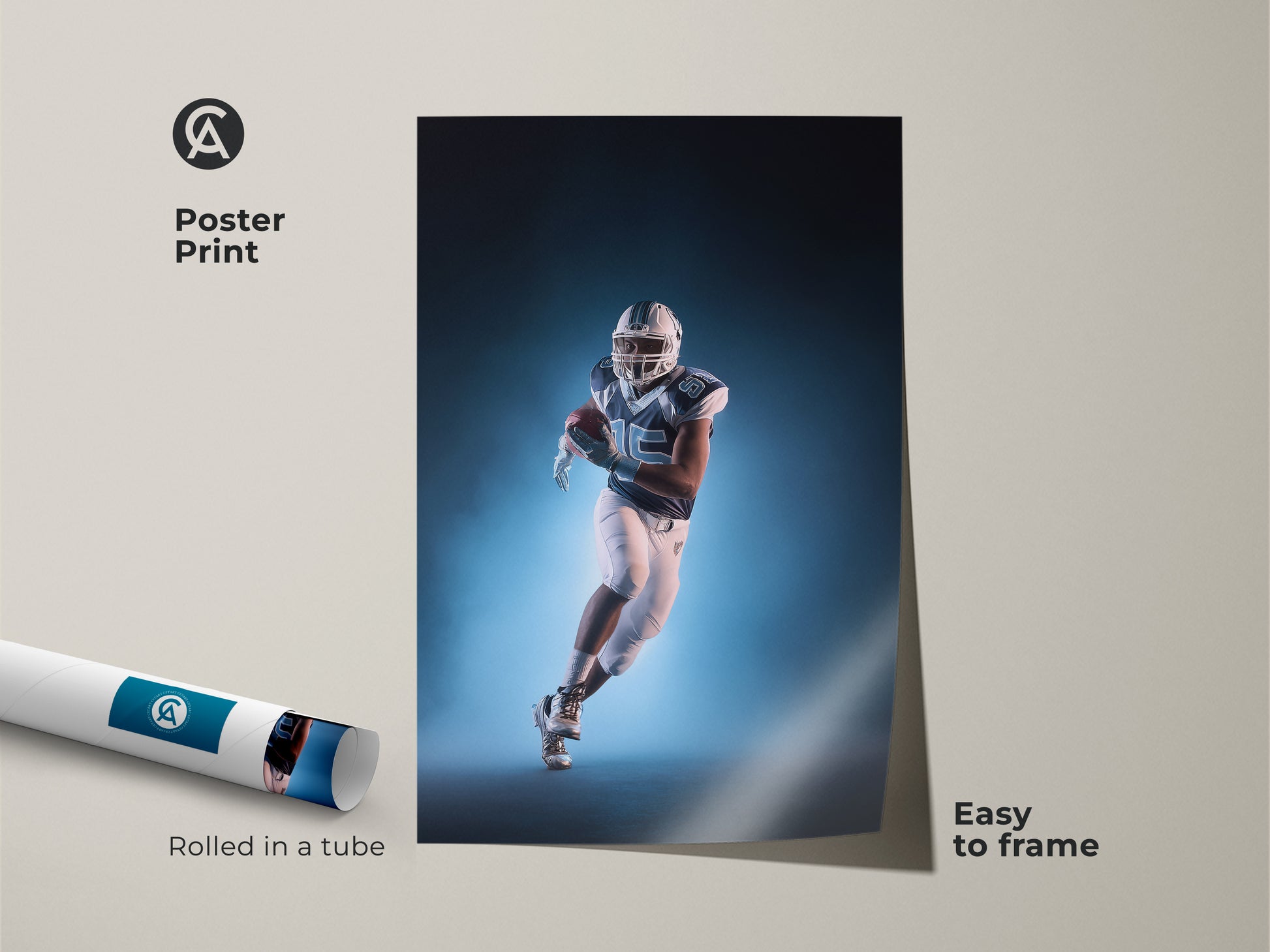 A poster print of an American Football player in dynamic action. The artwork features a modern palette of teal and white. Easy to frame this sports art print. It will bring the excitement of the game into their home or workspace.
