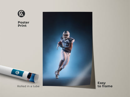 A poster print of an American Football player in dynamic action. The artwork features a modern palette of teal and white. Easy to frame this sports art print. It will bring the excitement of the game into their home or workspace.