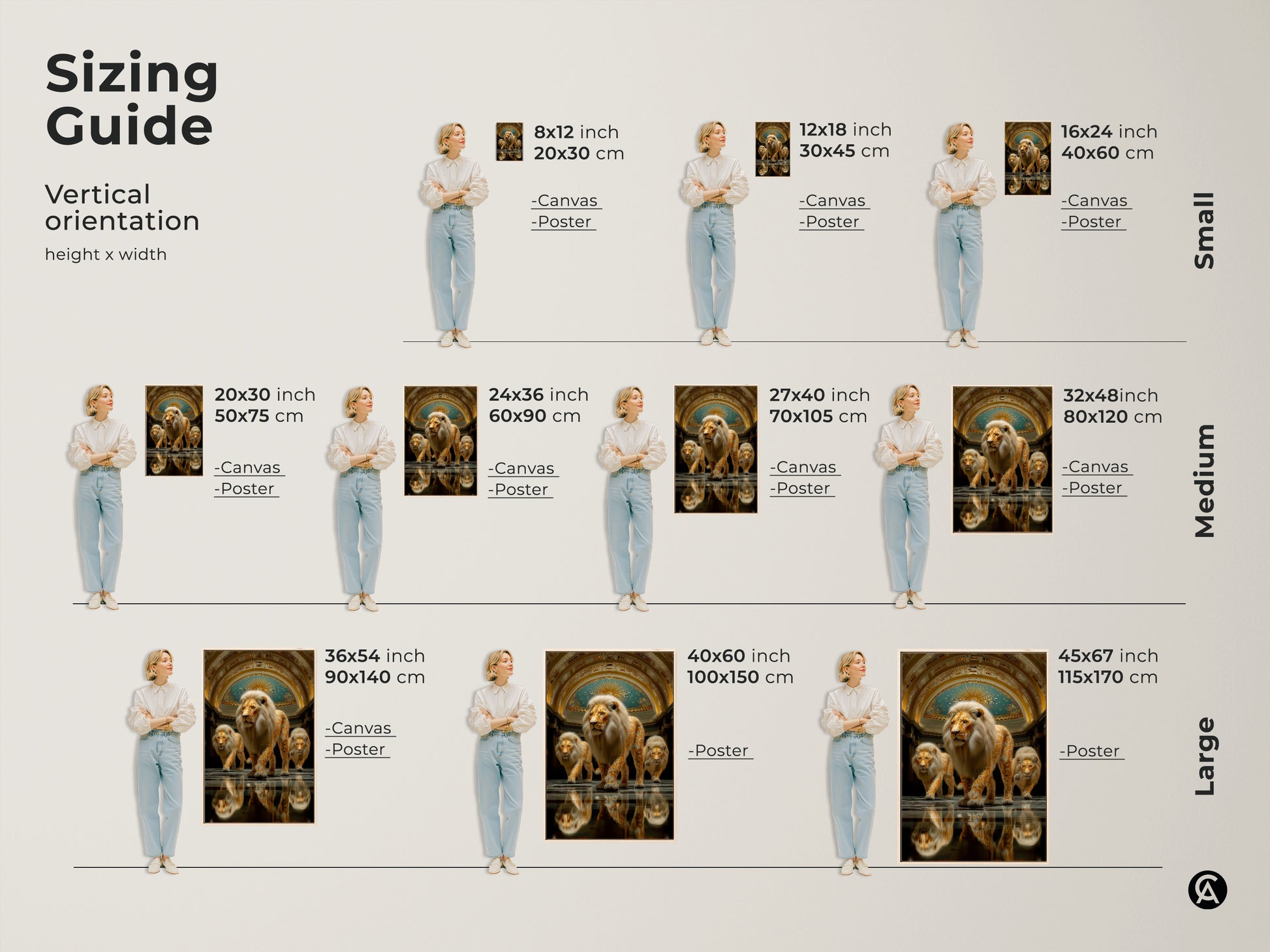 This sizing guide shows the abstract gold lion art in various vertical orientations. See how the canvas or poster fits different spaces. Sizes range from 8x12 to 45x67 inches perfect to give powerful animal art as leaders gift idea.