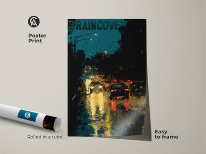 A poster print displays a rainy city street canvas. The contemporary teal black artwork is easy to frame. Rolled in a tube this yellow streetlight print is perfect for urban life art. The car traffic artwork is modern home decor. It is an abstract cityscape art print.