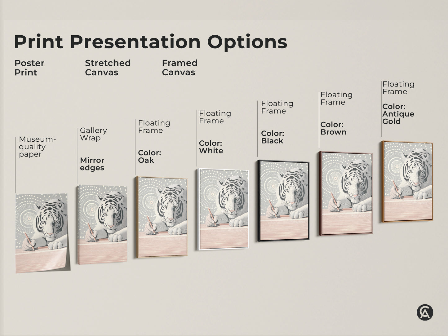 Explore presentation options for the White Tiger Canvas Art. Choose from poster prints stretched canvases and framed canvases. Floating frame options include black brown white and antique gold. Museum-quality edges gallery wraps and different frame colors are available. Personalize your art today.