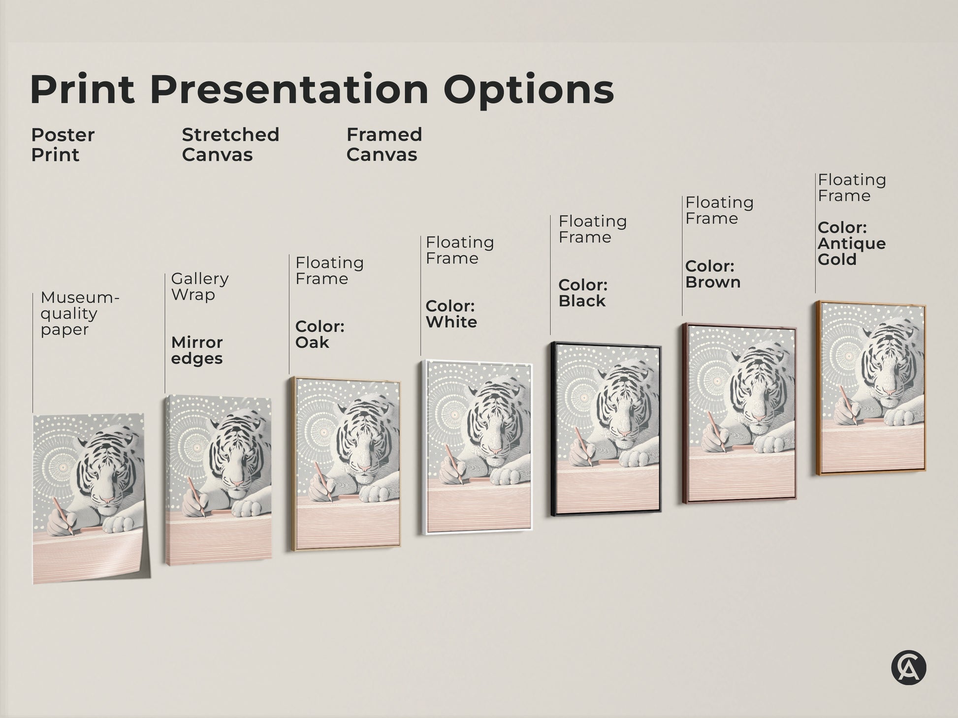 Explore presentation options for the White Tiger Canvas Art. Choose from poster prints stretched canvases and framed canvases. Floating frame options include black brown white and antique gold. Museum-quality edges gallery wraps and different frame colors are available. Personalize your art today.