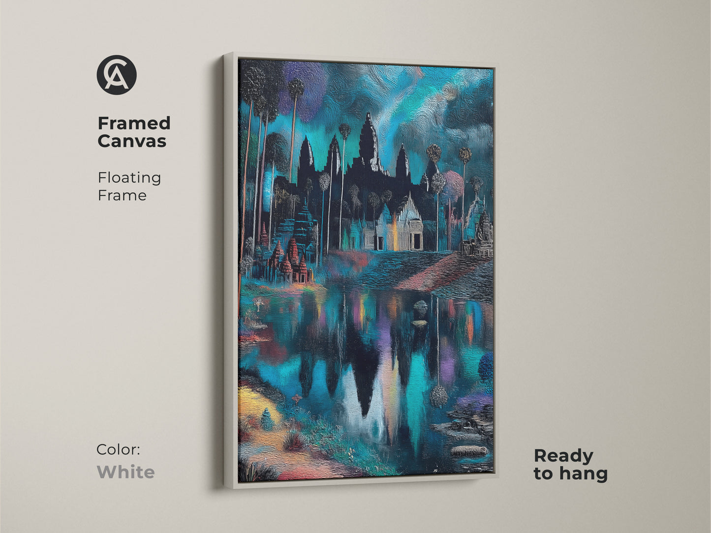 Angkor Wat framed canvas with white floating frame. The deep blue and teal artwork adds peace. Ready to hang in any space. Perfect as a bedroom wall decor gift. Features intricate architecture. A unique travel souvenir and beautiful travel poster.