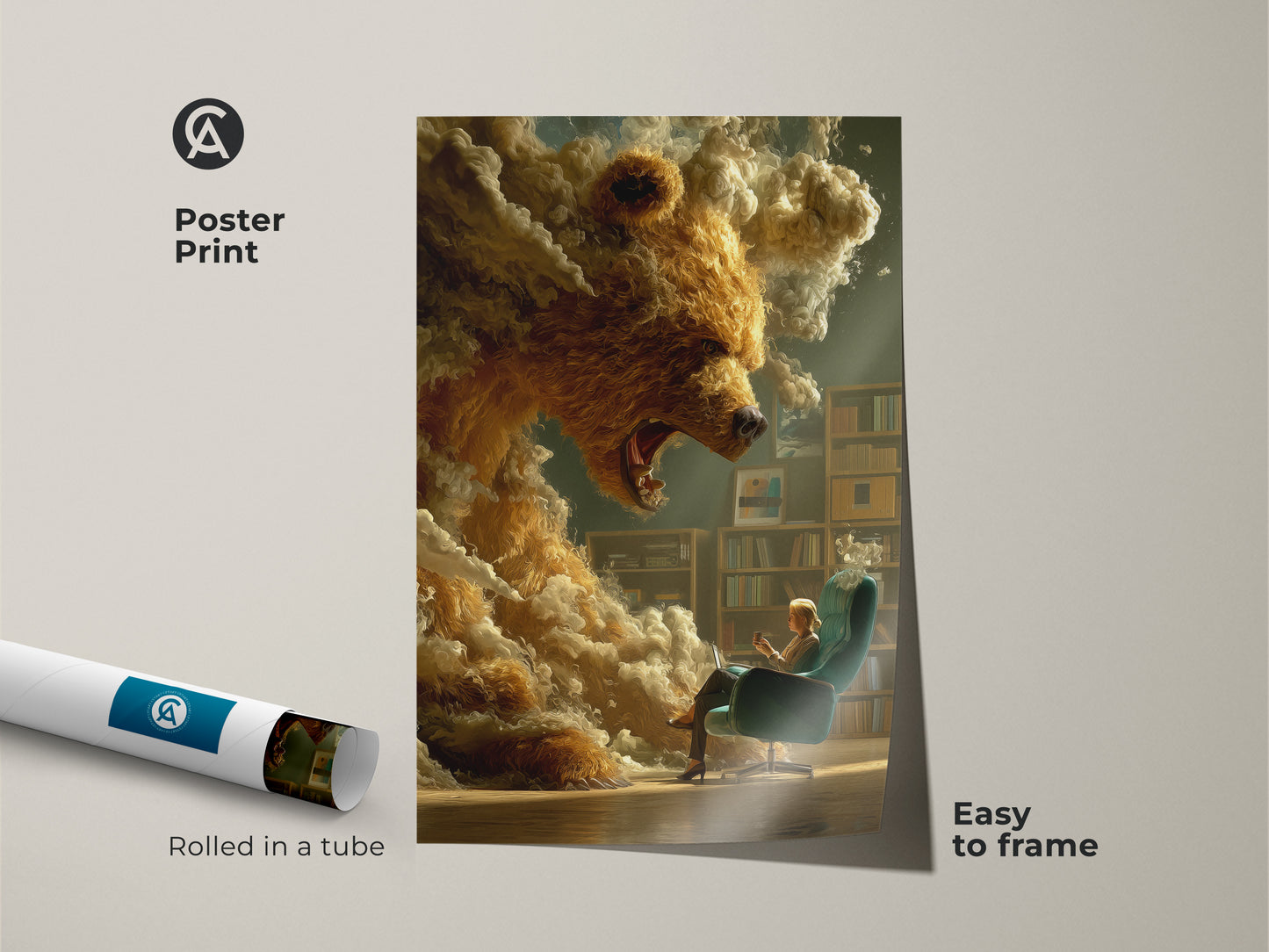 Poster print of surreal bear art. The artwork is rolled in a tube. It is easy to frame. The animal fantasy print adds character to a room. Consider this knowledge themed art for any office.