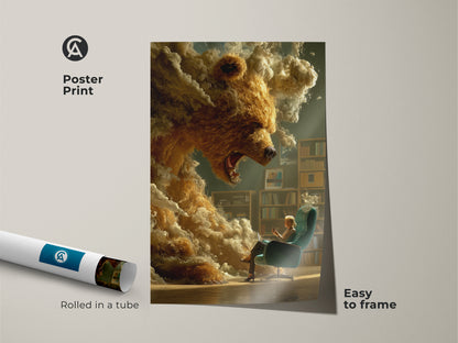 Poster print of surreal bear art. The artwork is rolled in a tube. It is easy to frame. The animal fantasy print adds character to a room. Consider this knowledge themed art for any office.