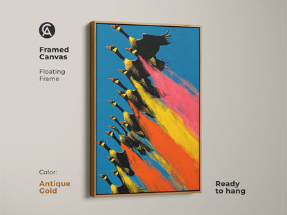 Framed Canvas features geese in a flying flock. The antique gold floating frame complements this nature artwork. This eclectic feather wall decor is ready to hang. It showcases a colorful bird print with bright blue orange yellow tones.