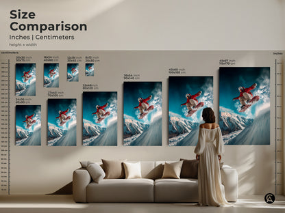 Compare sizes of our snowboarder art prints in inches and centimeters. See how each canvas and poster print fits in a room setting. Find the perfect scale to bring this snowboarder scene to life.