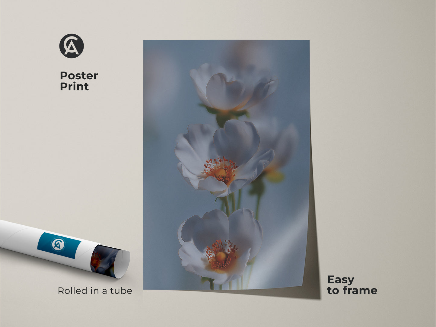 Soft Focus Floral Art Print rolled as a poster. The delicate white flower artwork is easy to frame. Light blue botanical nature print enhances your living room. This gentle flower artwork adds a serene touch to any space. Perfect for Scandinavian home decor and as a new home gift.