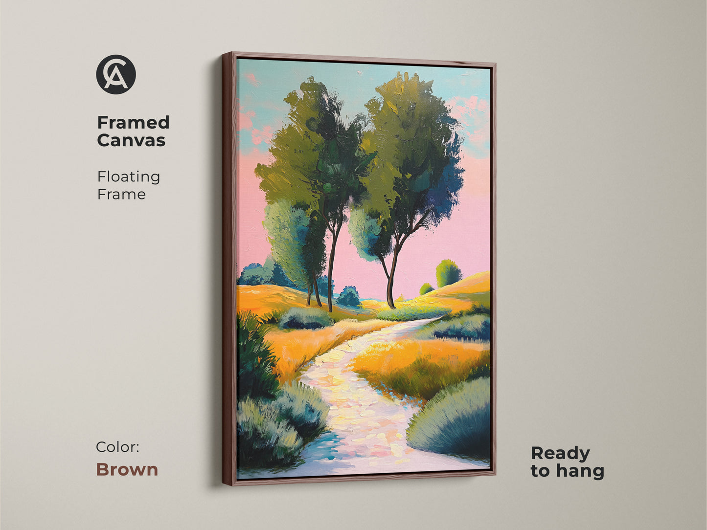 Framed canvas shows yellow green rolling hills. Brown frame enhances the impressionistic landscape artwork. A perfect piece of nature path wall art is ready to hang. The art is excellent for adding an eclectic touch to any home.