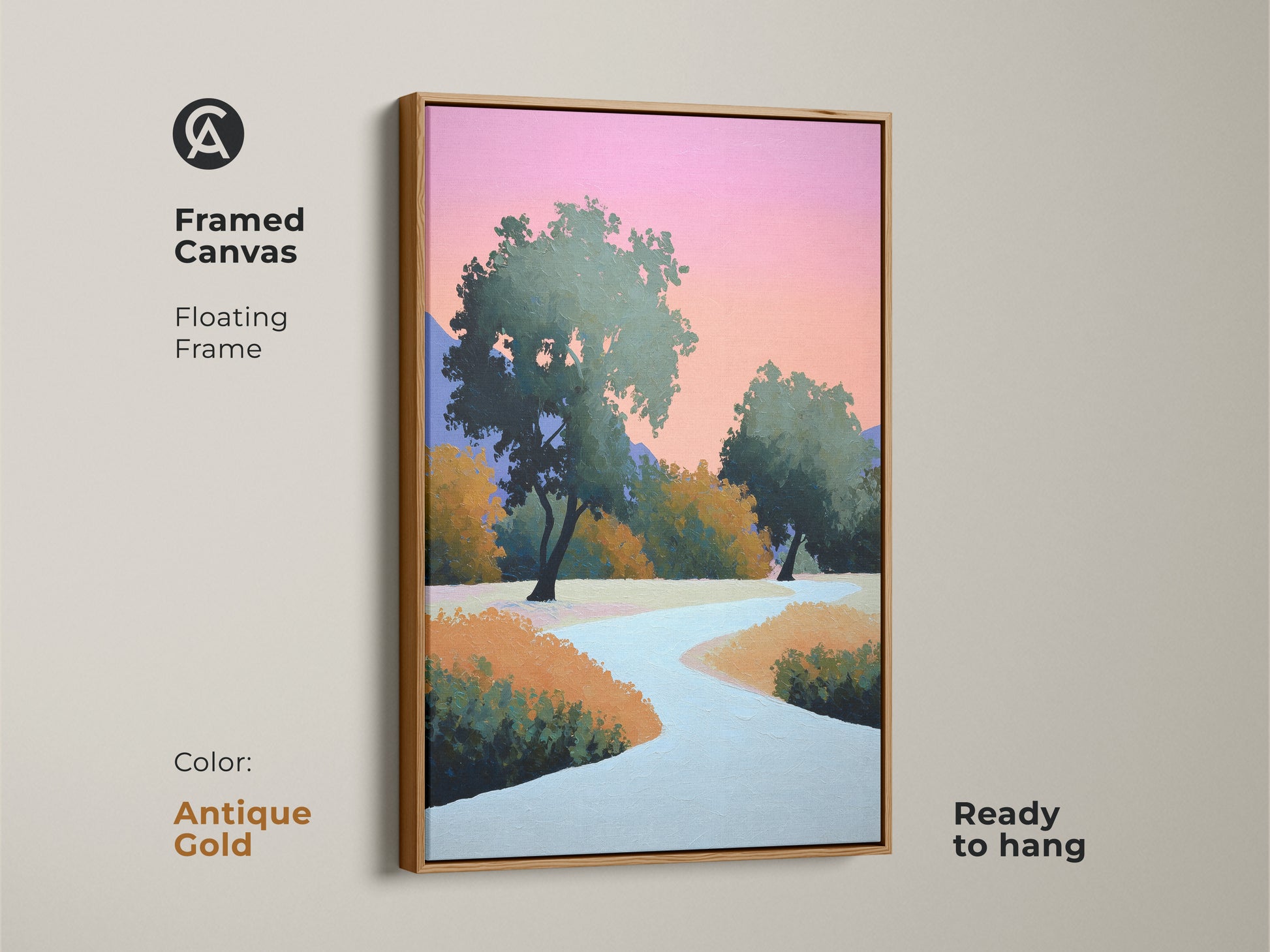 Antique Gold framed canvas of a modern abstract landscape. Contemporary trees wall art featuring a floating frame. The pink and orange sky artwork makes this nature scene pop. Ready to hang stylized nature painting.