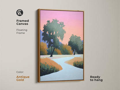 Antique Gold framed canvas of a modern abstract landscape. Contemporary trees wall art featuring a floating frame. The pink and orange sky artwork makes this nature scene pop. Ready to hang stylized nature painting.
