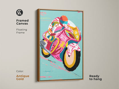 Framed canvas art featuring a pink yellow teal abstract motorcycle with an antique gold floating frame. It makes a bold statement and is an ideal gift for racing and transport art lovers.