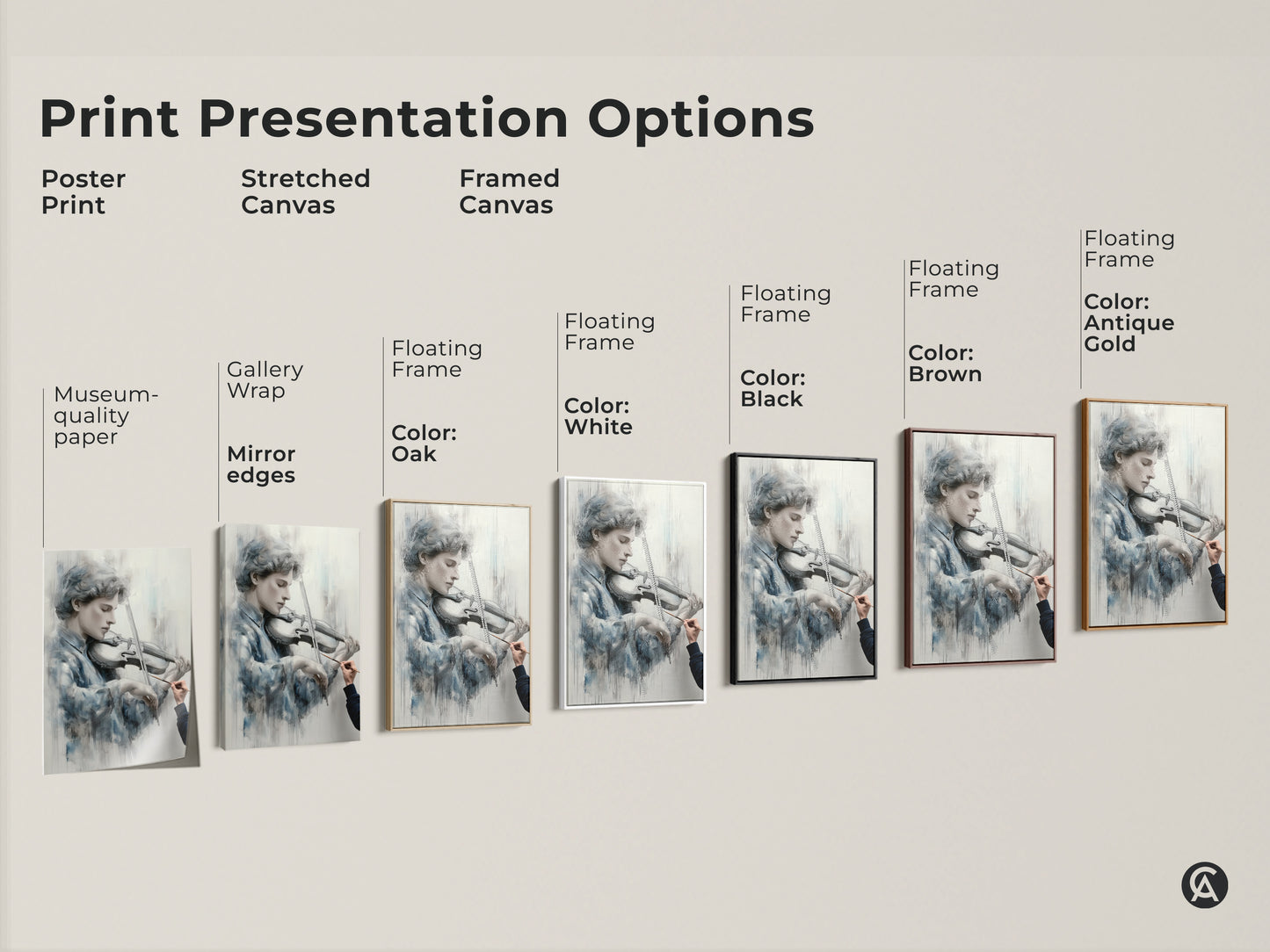 Explore print presentation options for this young violinist artwork. Choose from poster stretched canvas or framed canvas. Select floating frames in oak white black brown or antique gold. Find the perfect museum-quality piece. Elevate your space with art.