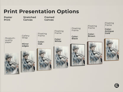Explore print presentation options for this young violinist artwork. Choose from poster stretched canvas or framed canvas. Select floating frames in oak white black brown or antique gold. Find the perfect museum-quality piece. Elevate your space with art.