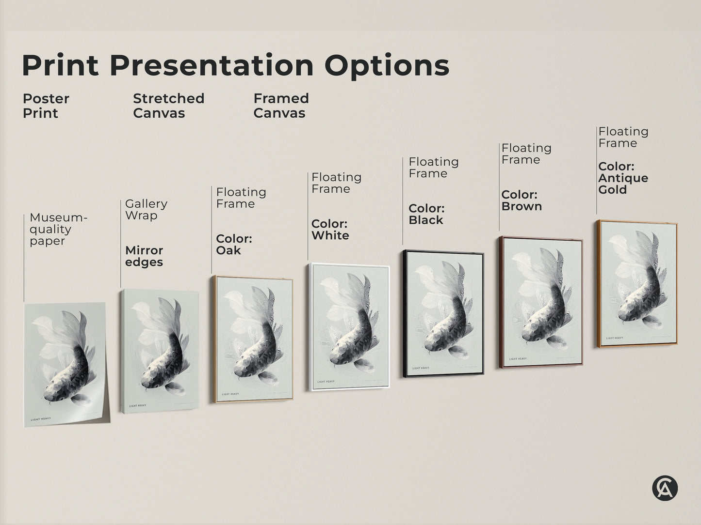 Explore print presentation options for koi fish artwork. Choose from poster prints stretched canvas and framed canvas. Customize your art with floating frames in various colors. Find the perfect style to match your aesthetic. Add a touch of zen to your space.