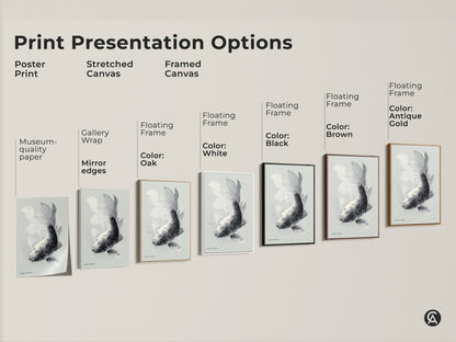 Explore print presentation options for koi fish artwork. Choose from poster prints stretched canvas and framed canvas. Customize your art with floating frames in various colors. Find the perfect style to match your aesthetic. Add a touch of zen to your space.