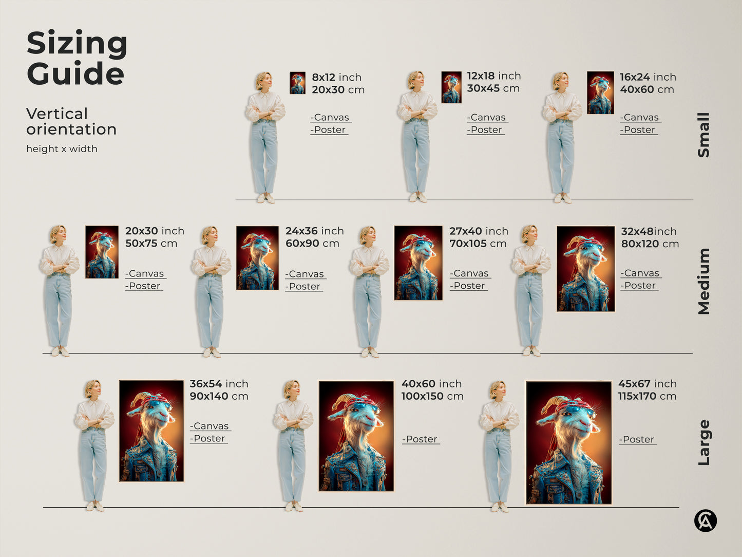 Sizing guide showcasing the goat rockstar canvas artwork. See various sizes from small to large. Displayed alongside a model for scale. Visualize how this pop surrealism animal print fits in your space. Perfect for adding an eclectic touch to any room.
