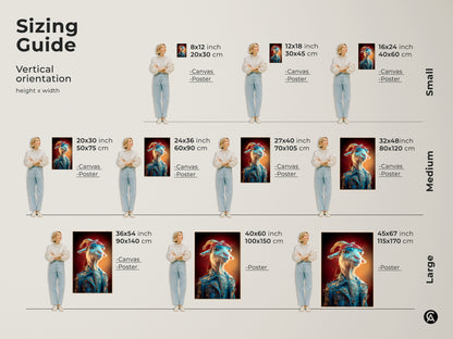 Sizing guide showcasing the goat rockstar canvas artwork. See various sizes from small to large. Displayed alongside a model for scale. Visualize how this pop surrealism animal print fits in your space. Perfect for adding an eclectic touch to any room.