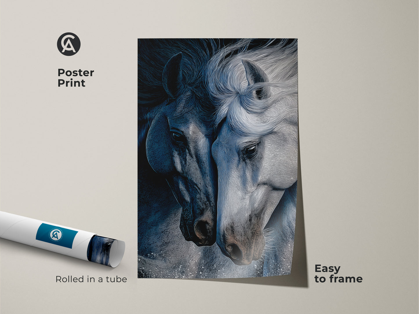 Poster print of a contemporary indigo horse art rolled in a tube for easy framing. The animal line art is a nature horse artwork. This blue gray art print is a perfect monochrome animal art for horse lovers. The minimalist horse art is an elegant equestrian wall hanging. A thoughtful gift or housewarming canvas art.