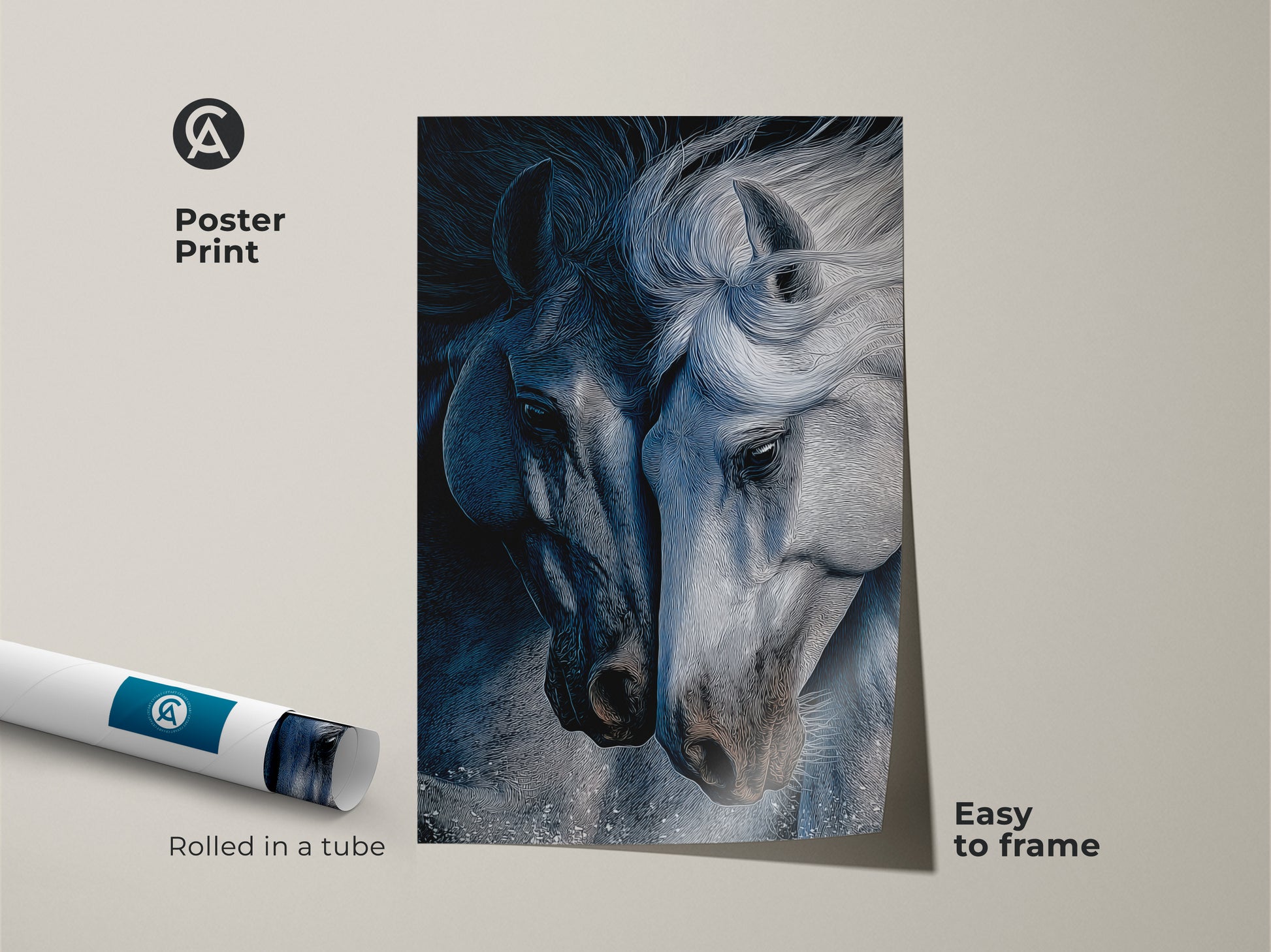 Poster print of a contemporary indigo horse art rolled in a tube for easy framing. The animal line art is a nature horse artwork. This blue gray art print is a perfect monochrome animal art for horse lovers. The minimalist horse art is an elegant equestrian wall hanging. A thoughtful gift or housewarming canvas art.