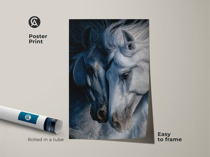 Poster print of a contemporary indigo horse art rolled in a tube for easy framing. The animal line art is a nature horse artwork. This blue gray art print is a perfect monochrome animal art for horse lovers. The minimalist horse art is an elegant equestrian wall hanging. A thoughtful gift or housewarming canvas art.
