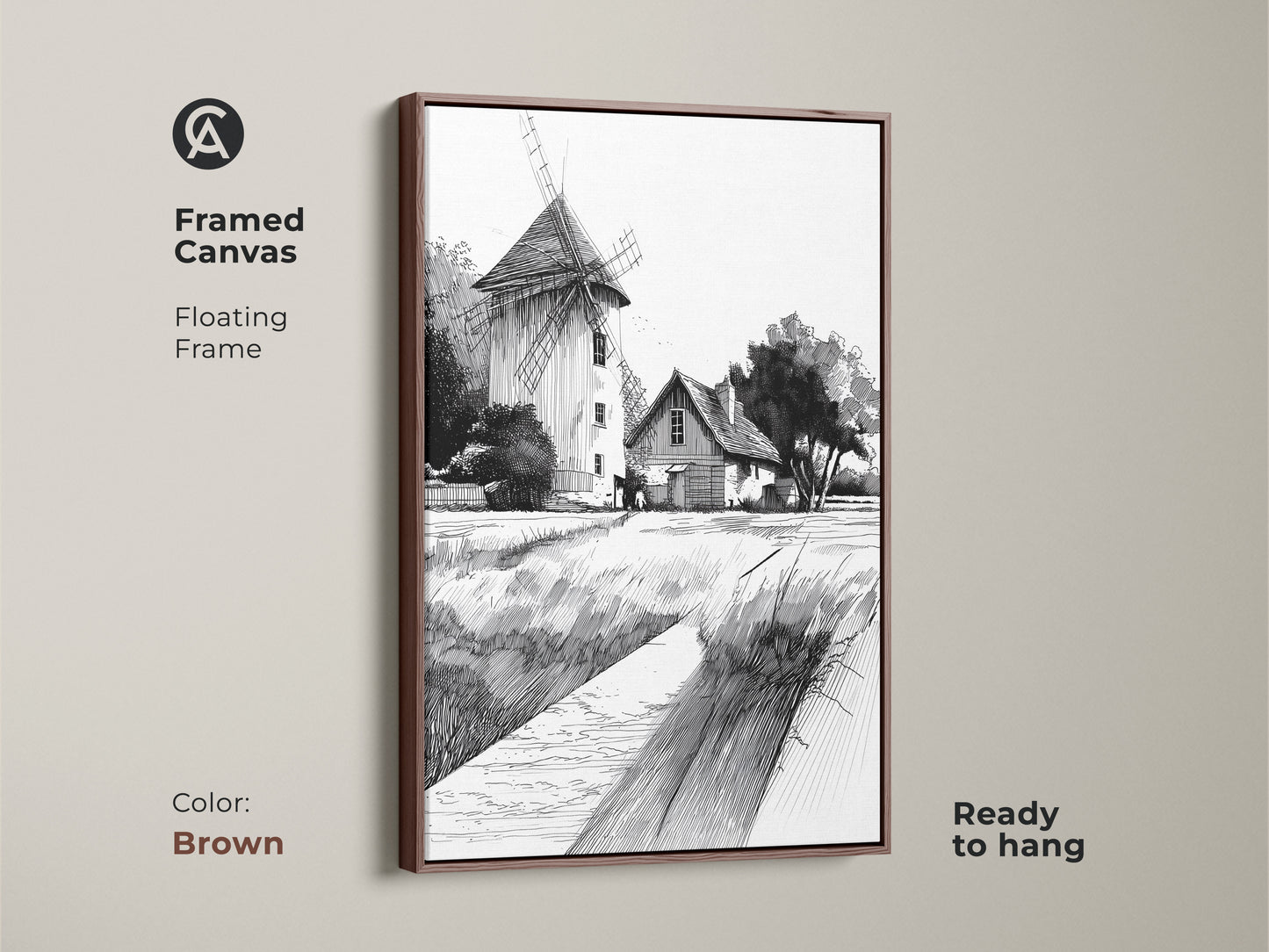 Framed canvas showcasing farmhouse windmill art with a brown frame. The black and white ink drawing complements the country landscape. This ready-to-hang piece enhances rustic home decor. A delightful farmhouse art gift.