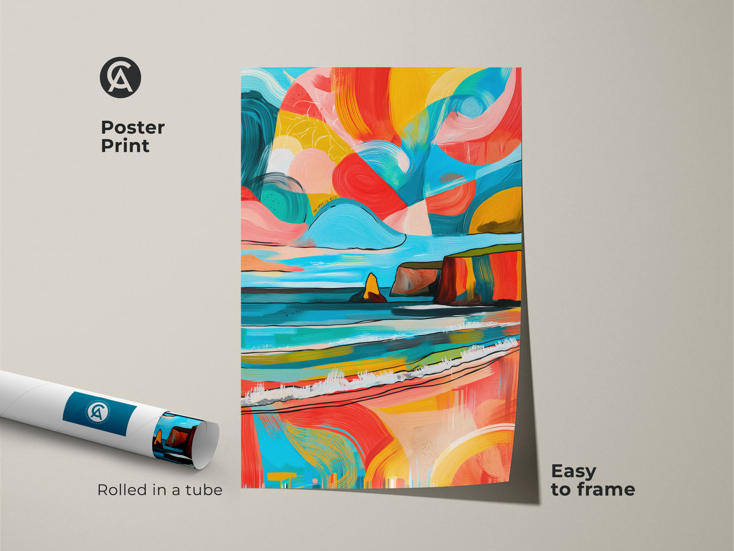 Museum-quality poster print of an abstract coastal landscape. This artwork is easy to frame. Rolled in a tube for protection. The teal yellow and coral colors brings an eclectic touch. Perfect for beach lovers seeking modern art.